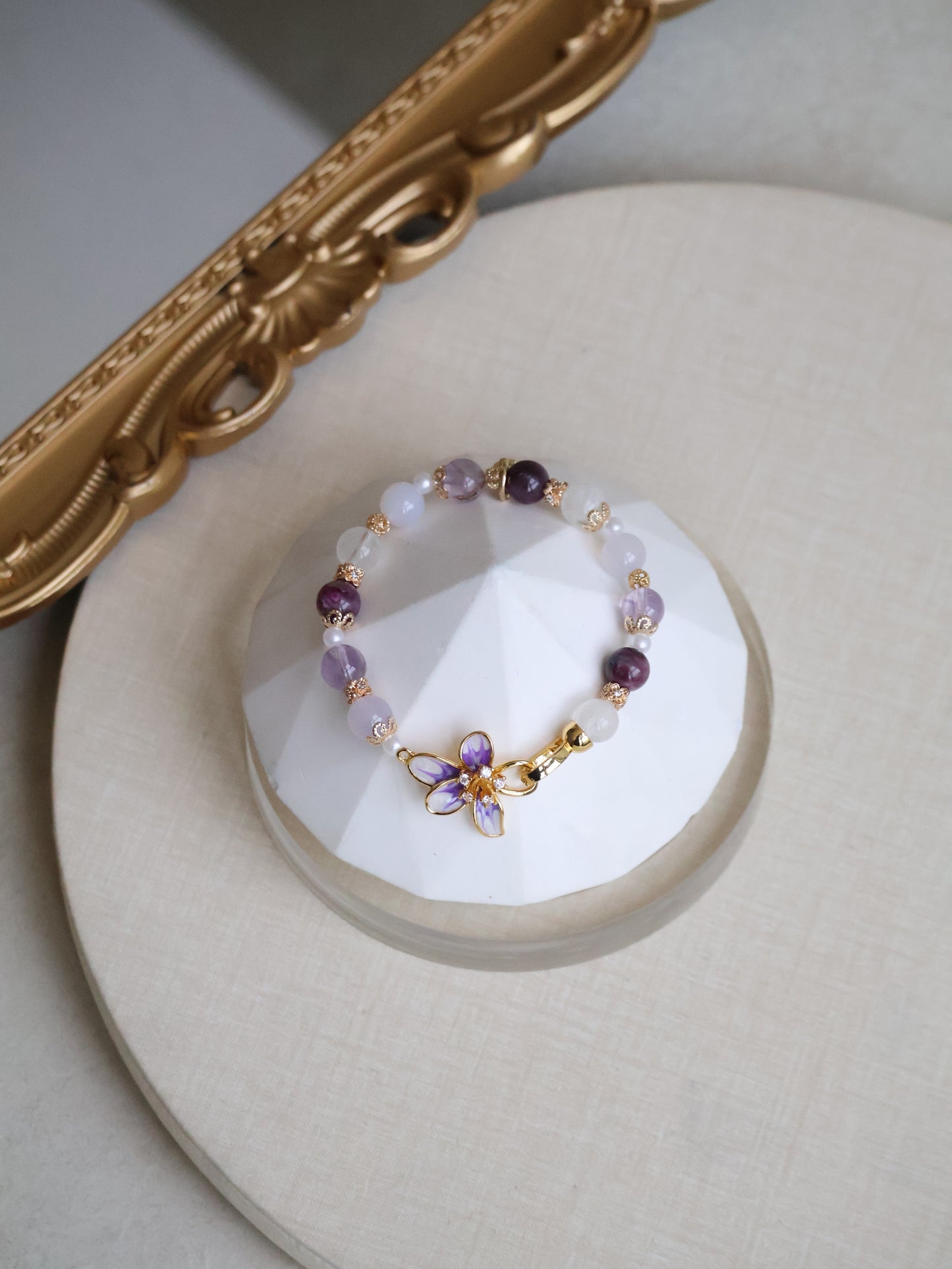Unicorn Stone, White Phantom Quartz, Lilac Chalcedony & Amethyst — Plumeria Purple | 8mm (Elastic, OT Clasp)