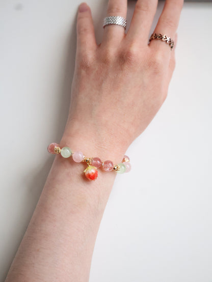 Strawberry Quartz, Prehnite, Rose Quartz & Heated Copper Rutile Crystal Bracelet with Dangly Strawberry Charm — Anya | 8mm (Elastic)