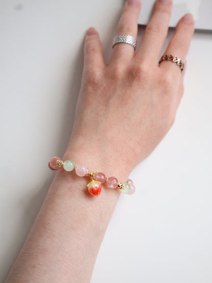 Strawberry Quartz, Prehnite, Rose Quartz & Heated Copper Rutile Crystal Bracelet with Dangly Strawberry Charm — Anya | 8mm (Elastic)