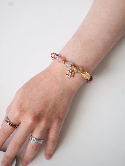 Prasiolite, Amethyst, Blue Topaz, Sakura Rhodonite, Red Star Ruby & Citrine Rondelles Multigem Crystal Bracelet — Prismette Duobao | Multi-Coloured Snowflake (Elastic)