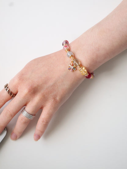Prasiolite, Amethyst, Blue Topaz, Sakura Rhodonite, Red Star Ruby & Citrine Rondelles Multigem Crystal Bracelet — Prismette Duobao | Multi-Coloured Snowflake (Elastic)