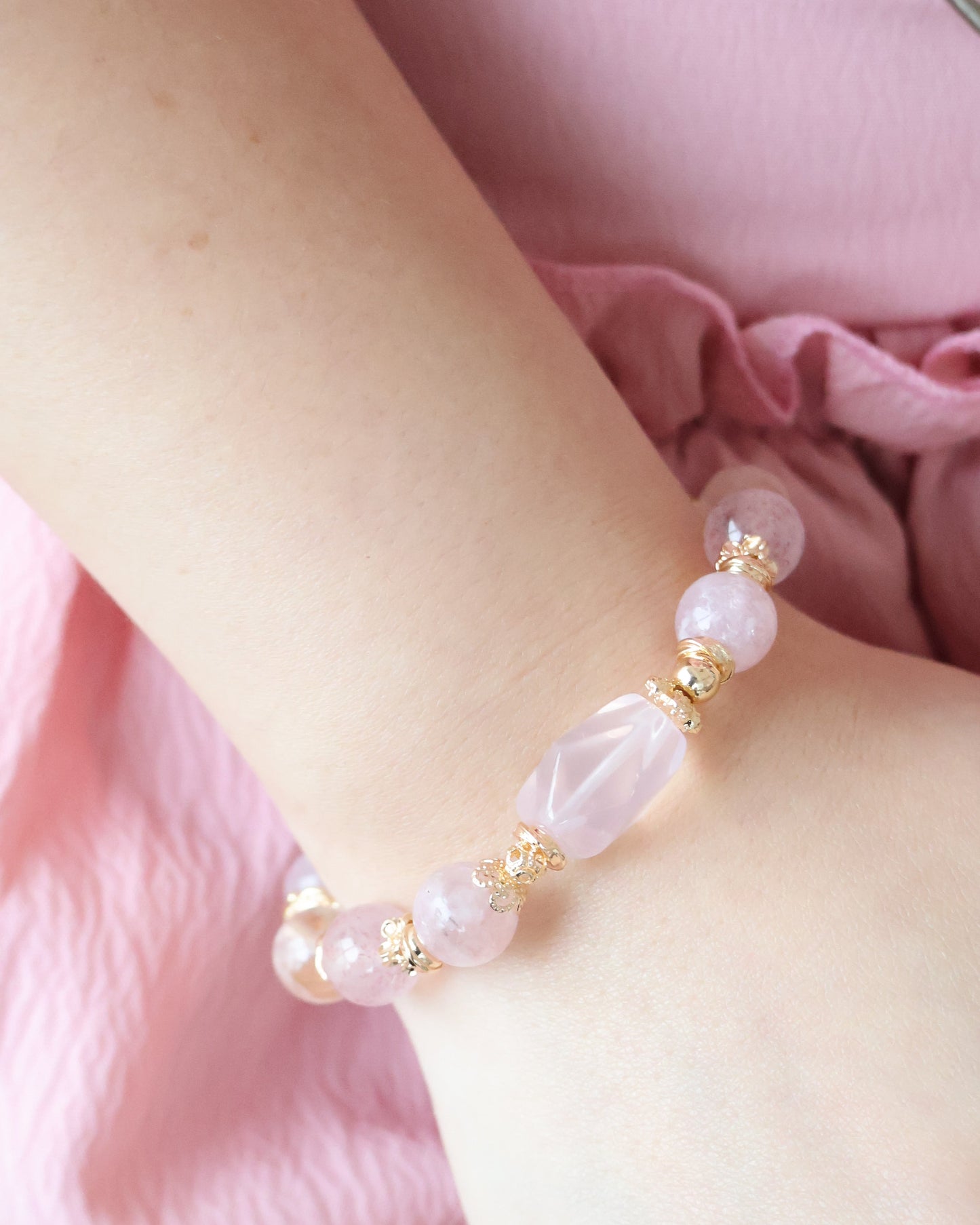Pink Purple Emerald Mica, Strawberry Quartz & Rose Quartz Crystal Bracelet with Freeform — Ophelia | 10mm (Elastic)