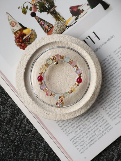 Prasiolite, Amethyst, Blue Topaz, Sakura Rhodonite, Red Star Ruby & Citrine Rondelles Multigem Crystal Bracelet — Prismette Duobao | Multi-Coloured Snowflake (Elastic)