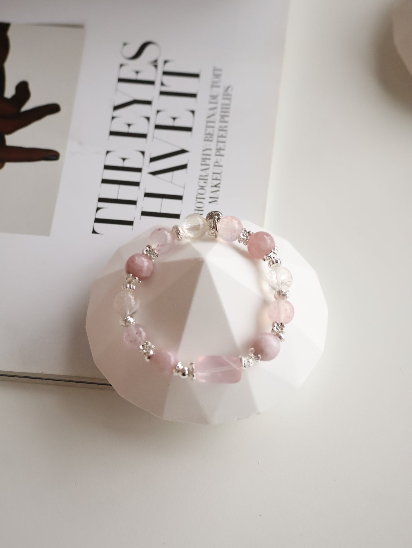 Pink Purple Emerald Mica, Strawberry Quartz & Rose Quartz Crystal Bracelet with Freeform — Ophelia | 10mm (Elastic)