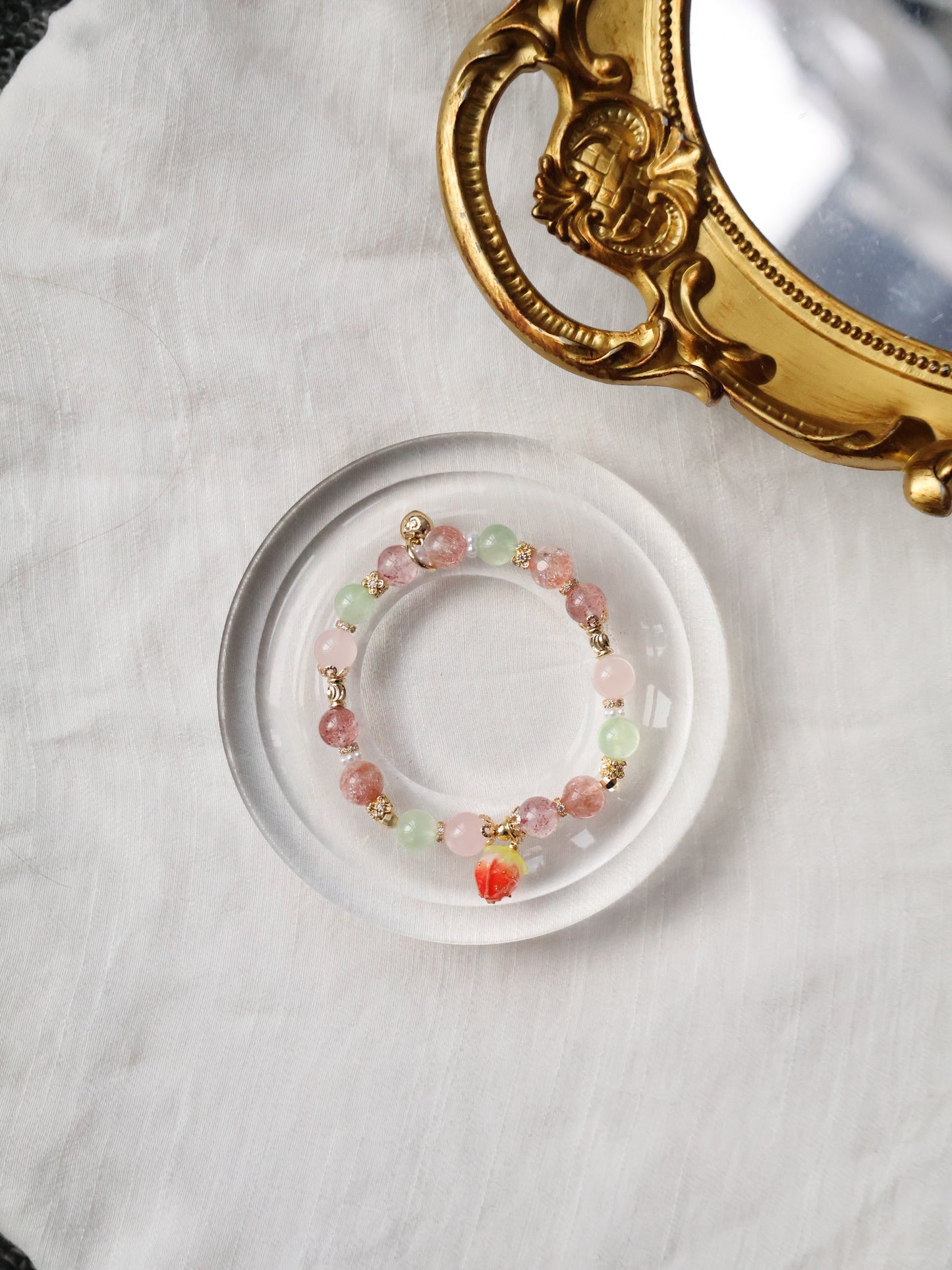 Strawberry Quartz, Prehnite, Rose Quartz & Heated Copper Rutile Crystal Bracelet with Dangly Strawberry Charm — Anya | 8mm (Elastic)