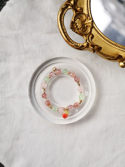 Strawberry Quartz, Prehnite, Rose Quartz & Heated Copper Rutile Crystal Bracelet with Dangly Strawberry Charm — Anya | 8mm (Elastic)