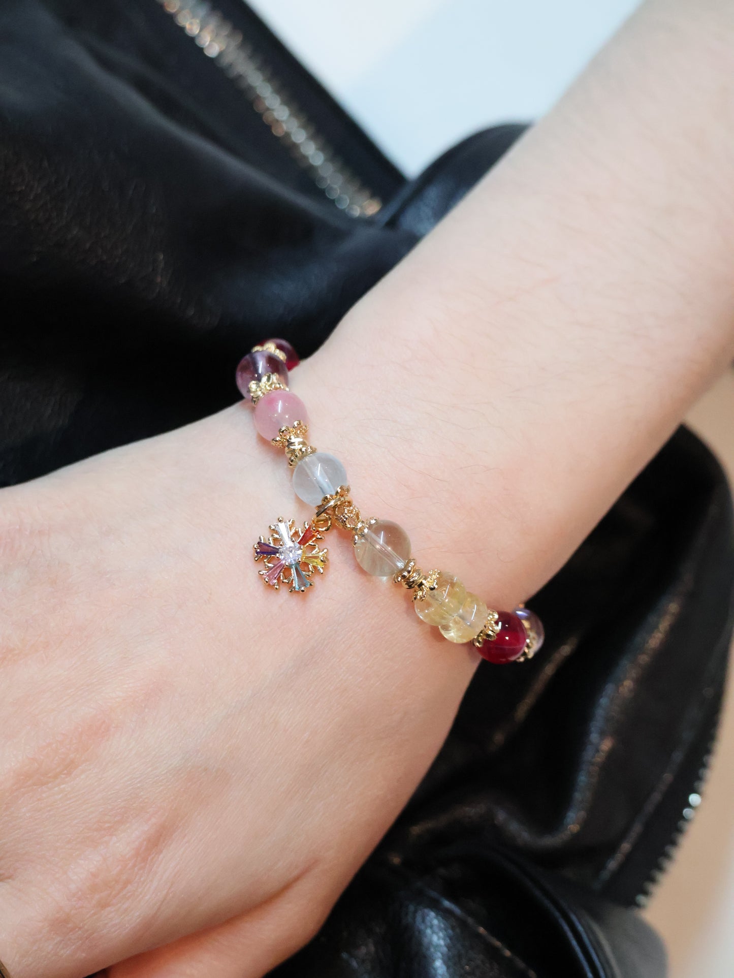 Prasiolite, Amethyst, Blue Topaz, Sakura Rhodonite, Red Star Ruby & Citrine Rondelles Multigem Crystal Bracelet — Prismette Duobao | Multi-Coloured Snowflake (Elastic)