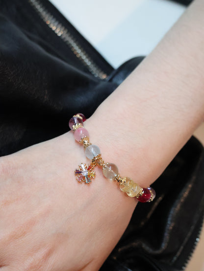 Prasiolite, Amethyst, Blue Topaz, Sakura Rhodonite, Red Star Ruby & Citrine Rondelles Multigem Crystal Bracelet — Prismette Duobao | Multi-Coloured Snowflake (Elastic)