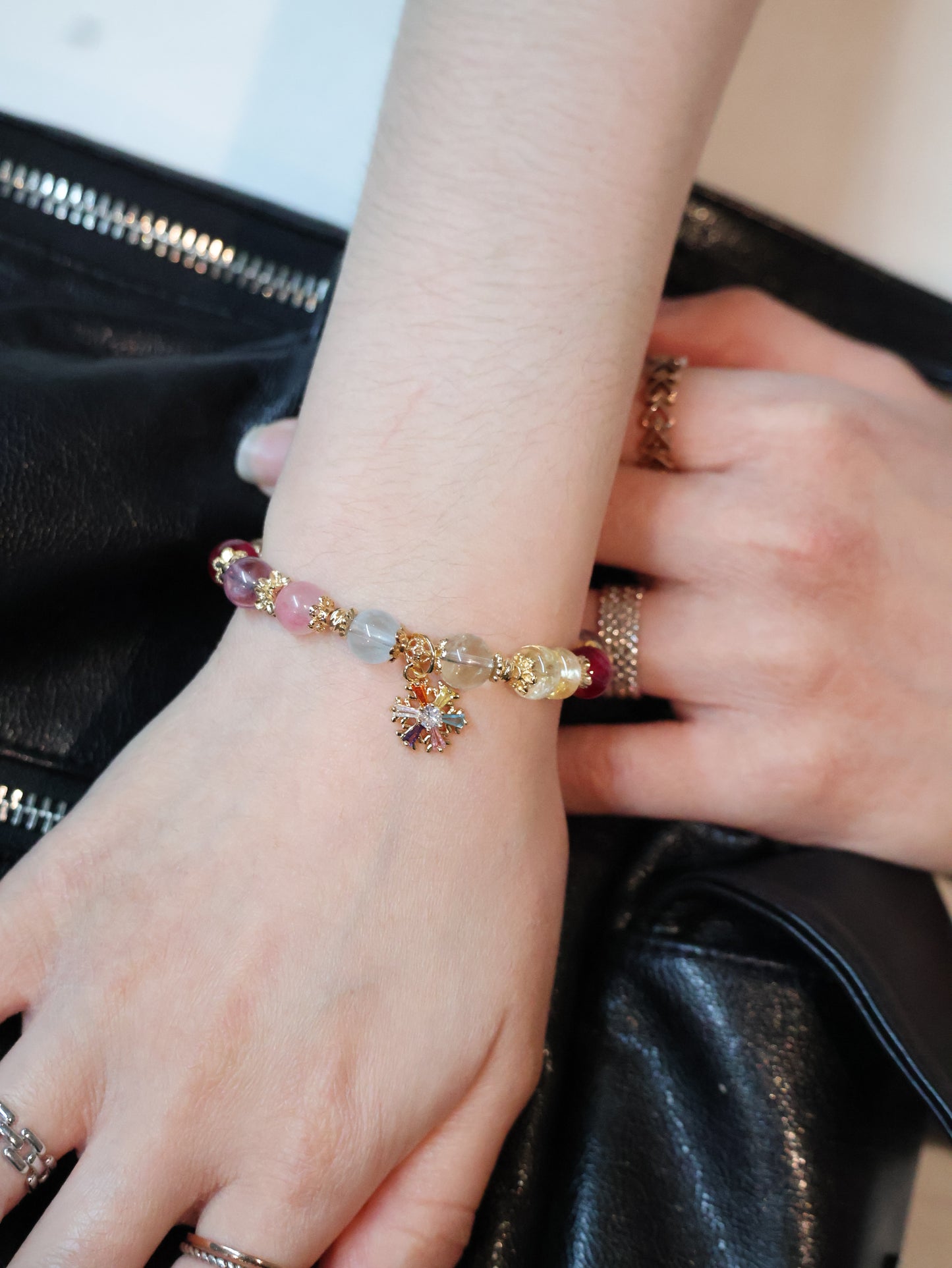 Prasiolite, Amethyst, Blue Topaz, Sakura Rhodonite, Red Star Ruby & Citrine Rondelles Multigem Crystal Bracelet — Prismette Duobao | Multi-Coloured Snowflake (Elastic)