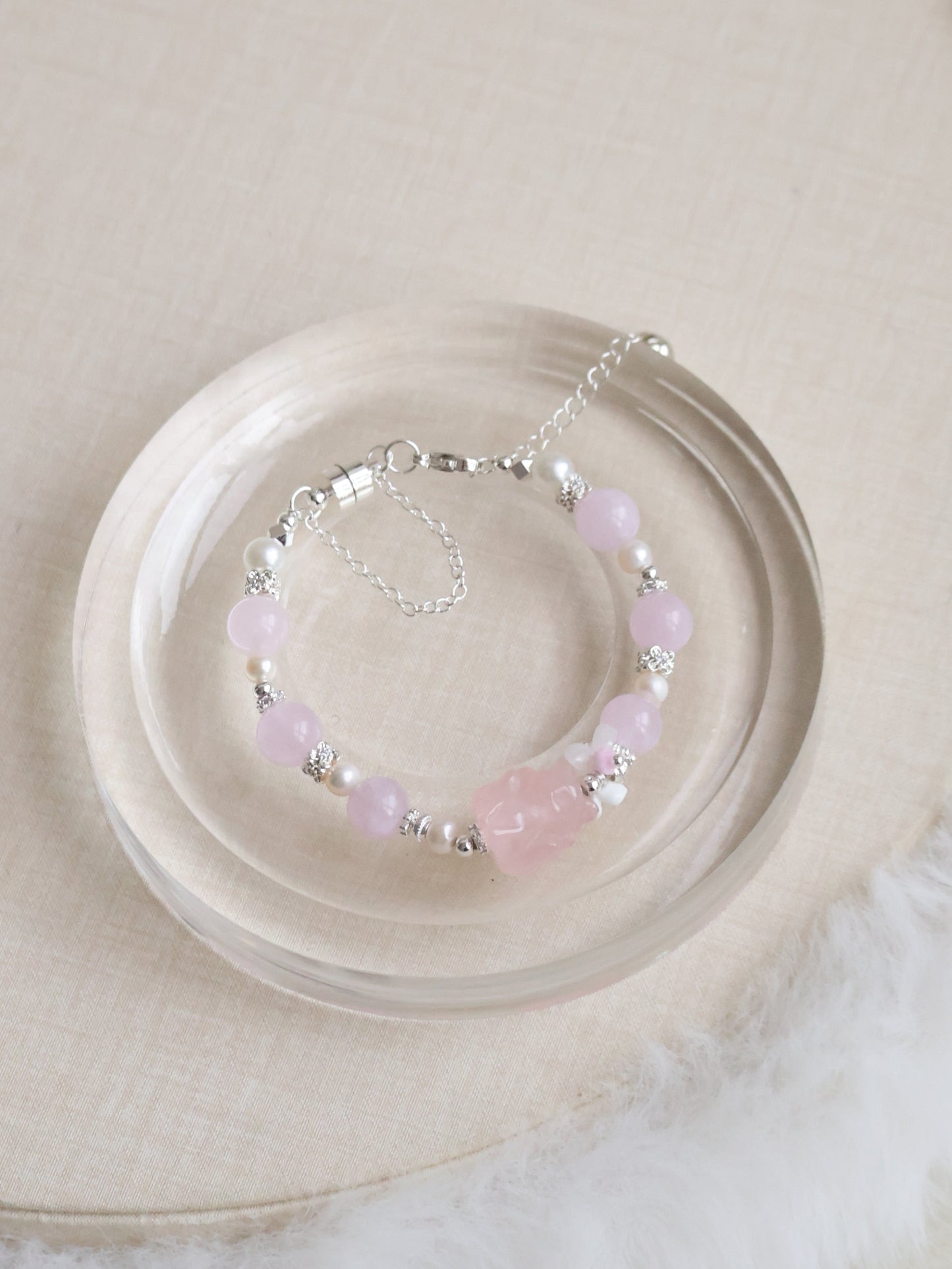 Freshwater Pearl, Snow Garden Rose Quartz, Rose Quartz with Nine-tail Fox Carving – Kyubi Blossom | 8mm (Elastic, Magnetic Opening)