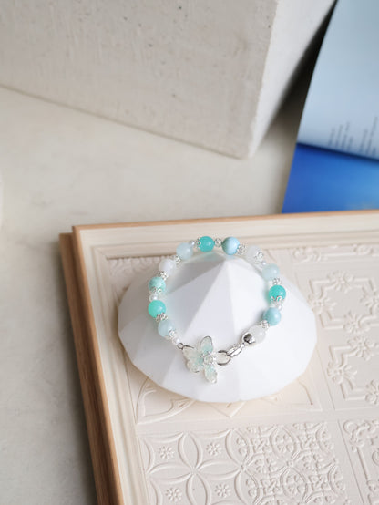 Aquamarine, Larimar, White Garden Quartz & Amazonite — Plumeria Blue | 8mm (Elastic, OT Clasp)