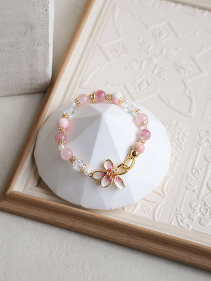 Crackled Clear Quartz, Rose Quartz, Rhodonite & Queen Conch — Plumeria Pink | 8mm (Elastic / OT Clasp)