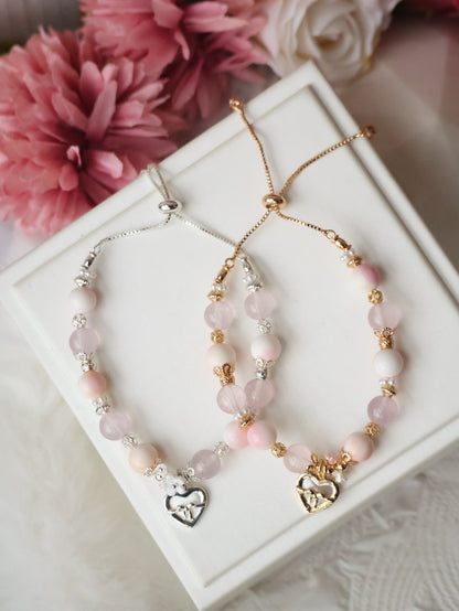 Queen Conch, Rose Quartz with Dangly White Conch Heart Charm — Mallow | 8mm (Elastic, Push Pull)