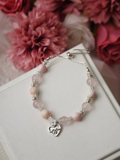 Queen Conch, Rose Quartz with Dangly White Conch Heart Charm — Mallow | 8mm (Elastic, Push Pull)
