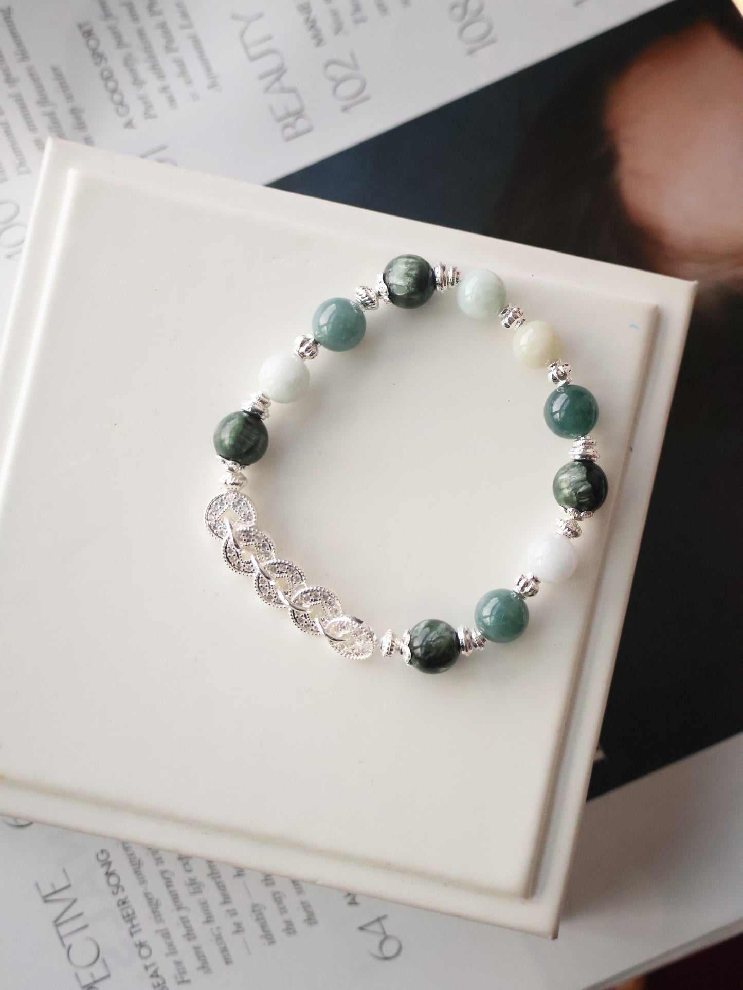 Seraphinite, Blue Water Jadeite & Green Jadeite Crystal Bracelet — Fengshui Coins Eirene | 8mm (Elastic)