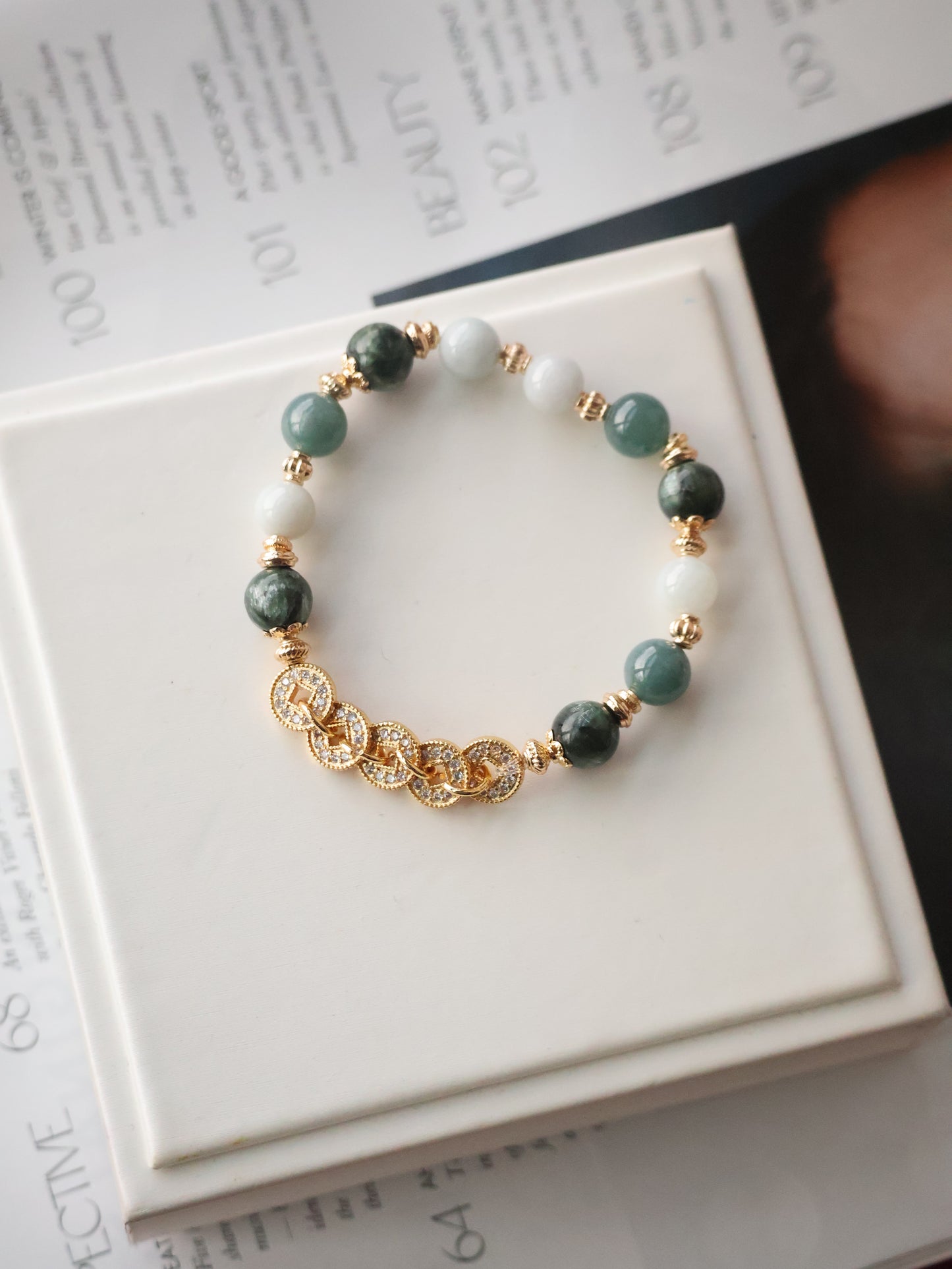 Seraphinite, Blue Water Jadeite & Green Jadeite Crystal Bracelet — Fengshui Coins Eirene | 8mm (Elastic)
