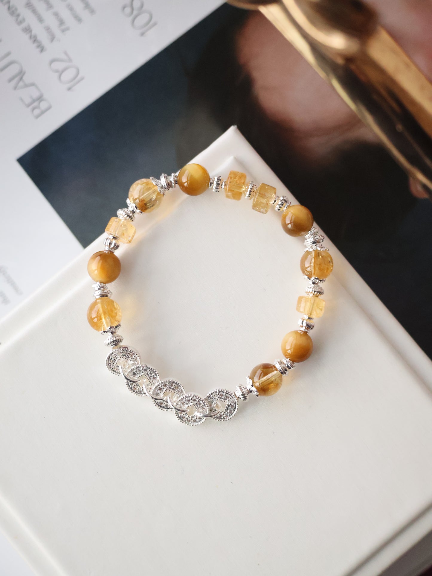 Citrine & Tiger’s Eye Crystal Bracelet — Fengshui Coins Prospera | 8mm (Elastic)
