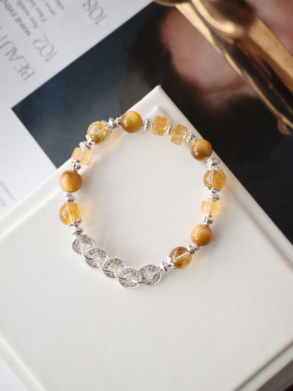 Citrine & Tiger’s Eye Crystal Bracelet — Fengshui Coins Prospera | 8mm (Elastic)