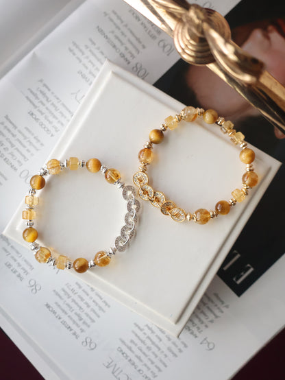 Citrine & Tiger’s Eye Crystal Bracelet — Fengshui Coins Prospera | 8mm (Elastic)
