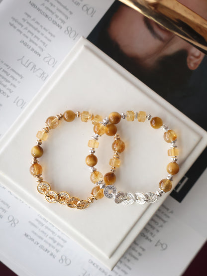 Citrine & Tiger’s Eye Crystal Bracelet — Fengshui Coins Prospera | 8mm (Elastic)