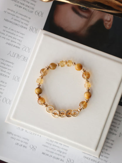 Citrine & Tiger’s Eye Crystal Bracelet — Fengshui Coins Prospera | 8mm (Elastic)