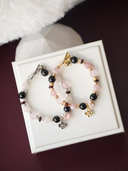 Hypersthene, Pink Purple Emerald Mica, Rose Quartz & Garnet — Noir Reverie | 8mm (OT Clasps, Elastic)