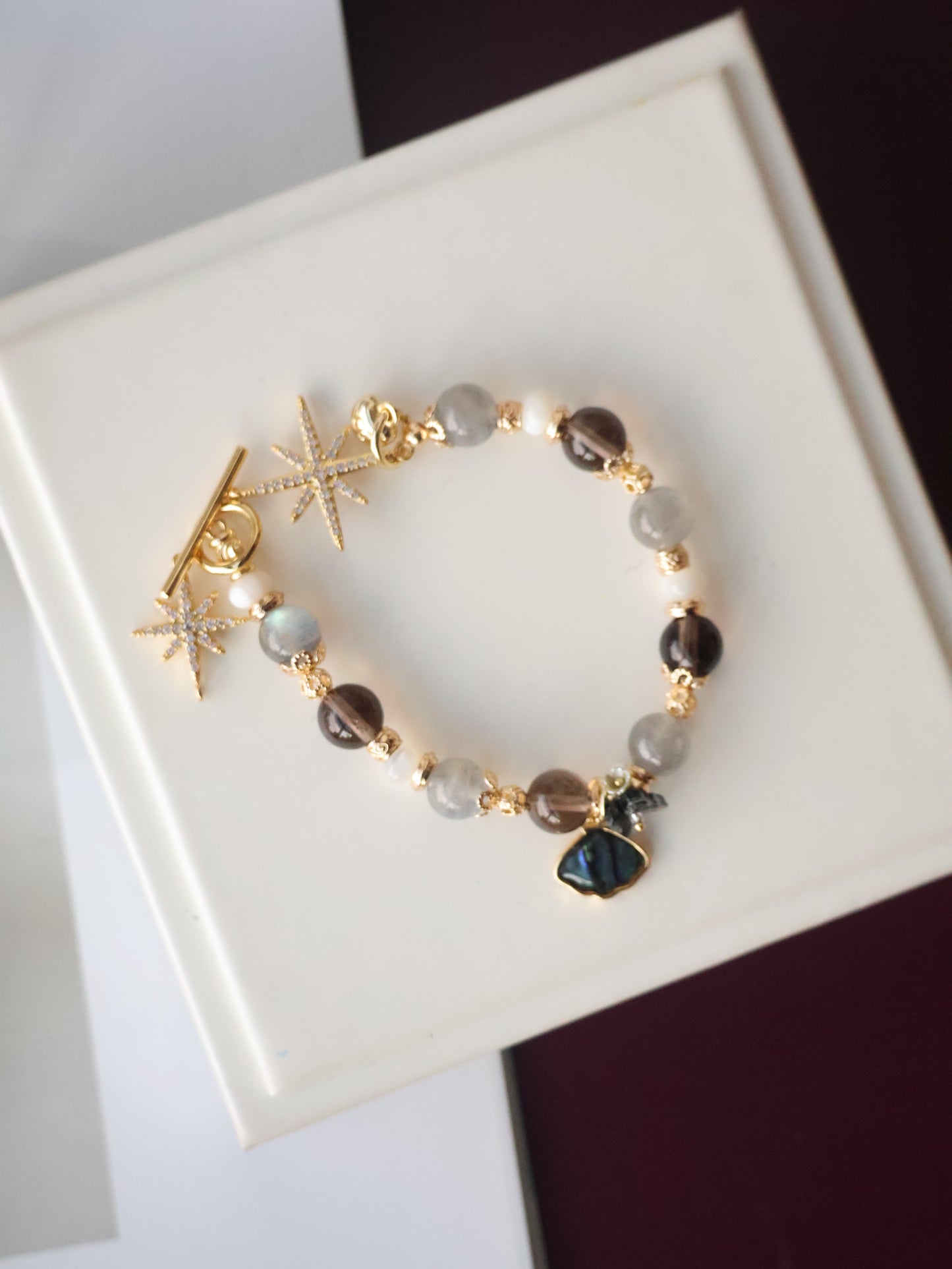 *Instocks* Ursula - 8mm OT Clasp with Blue Seashell Charm: Labradorite, Smoky Quartz & White Conch(Elastic) Gold