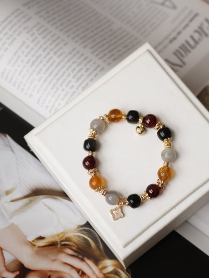 Citrine, Black Obsidian, Garnet & Labradorite Crystal Bracelet with Clover Charm — The Luxe Edit | 10mm (Elastic)