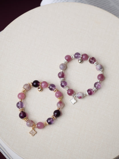 Lavender Rose Quartz, Amethyst, Unicorn Stone & Purple Fluorite Crystal Bracelet with Clover Charm — The Luxe Edit  | 10mm (Elastic)