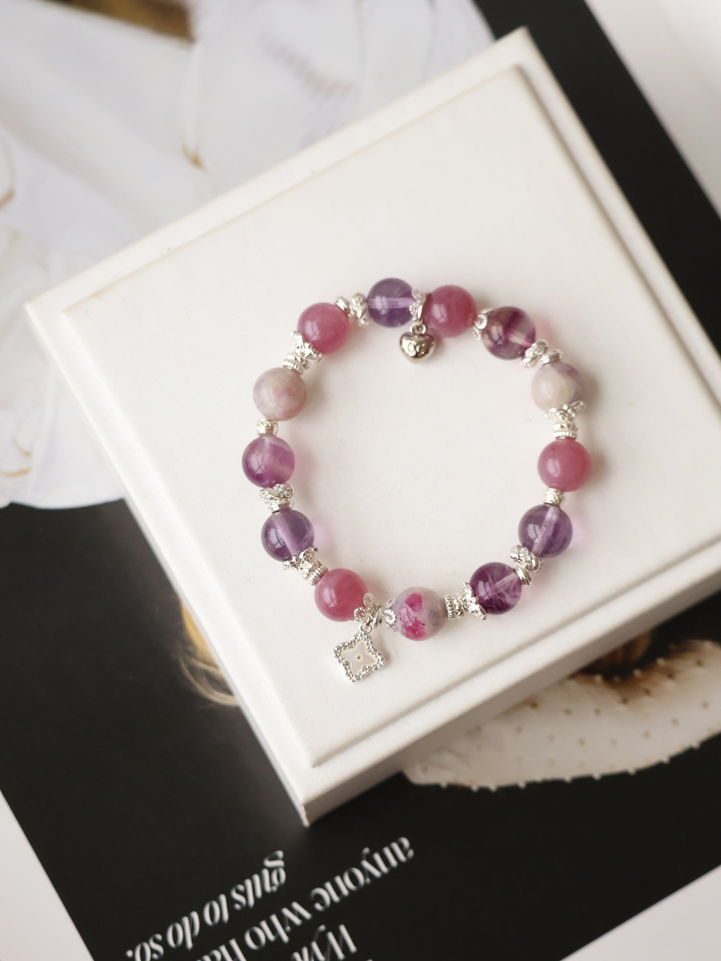 Lavender Rose Quartz, Amethyst, Unicorn Stone & Purple Fluorite Crystal Bracelet with Clover Charm — The Luxe Edit  | 10mm (Elastic)