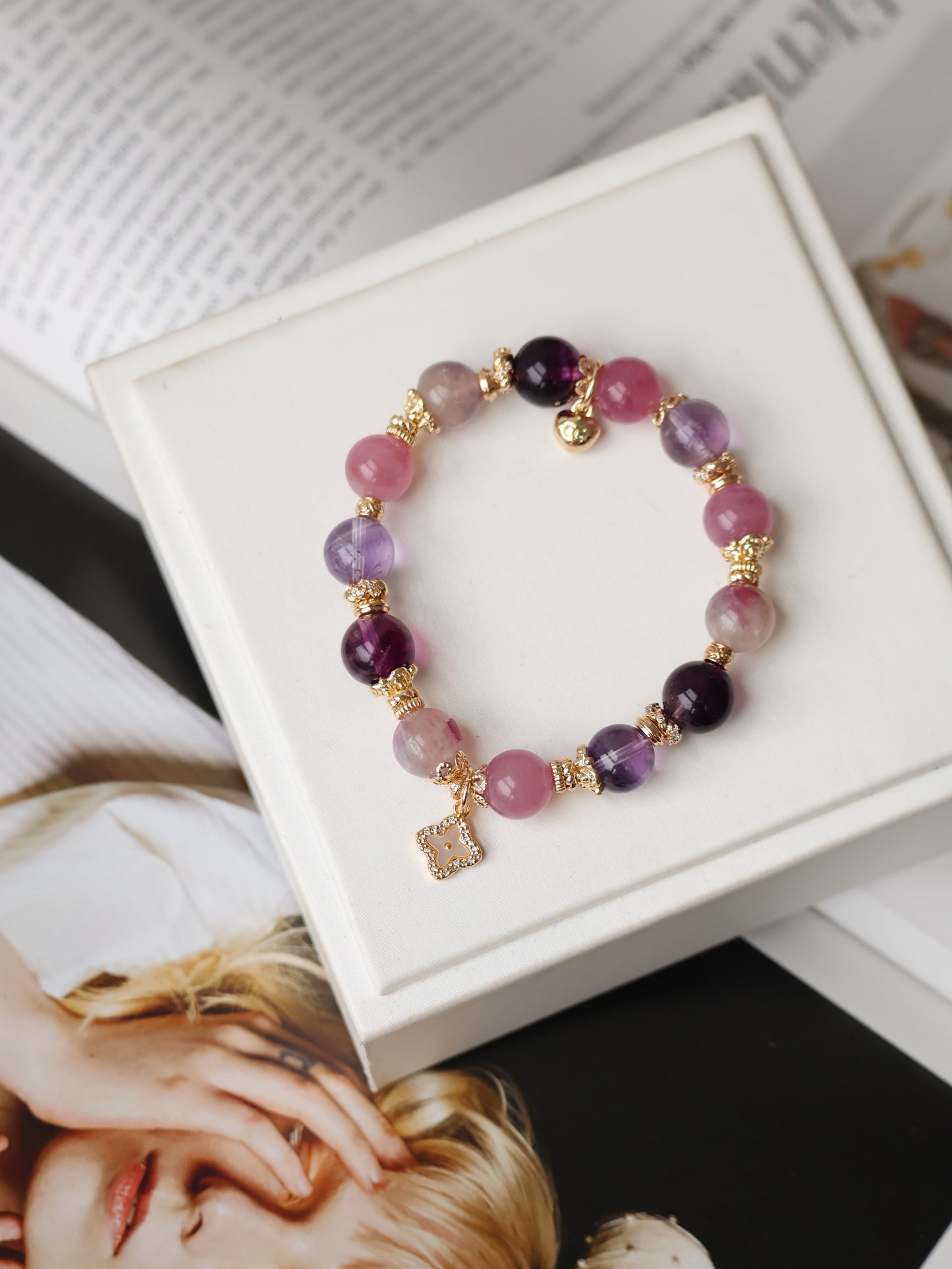 Lavender Rose Quartz, Amethyst, Unicorn Stone & Purple Fluorite Crystal Bracelet with Clover Charm — The Luxe Edit  | 10mm (Elastic)