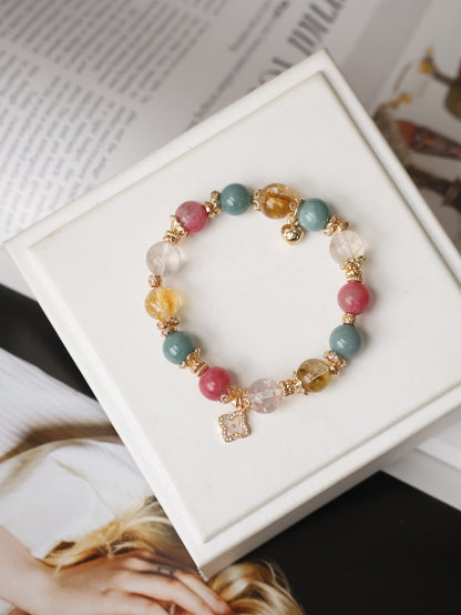 Citrine, Rhodonite, Rose Quartz & Blue Water Jadeite Crystal Bracelet with Clover Charm — The Luxe Edit | 10mm (Elastic)