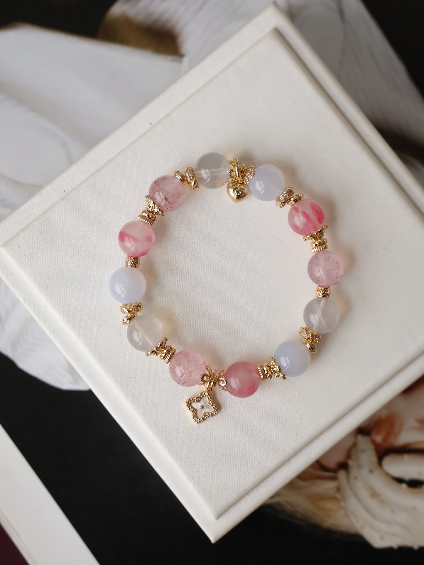 Strawberry Quartz, Blue Chalcedony, Rhodonite & Lavender Moon Quartz Crystal Bracelet with Clover Charm — The Luxe Edit | 10mm (Elastic)