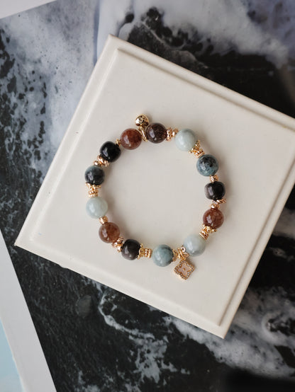 Black Obsidian, Black Gold Super 7, Devil Blue Aquamarine & Wuji Jadeite Crystal Bracelet with Clover Charm — The Luxe Edit | 10mm (Elastic)