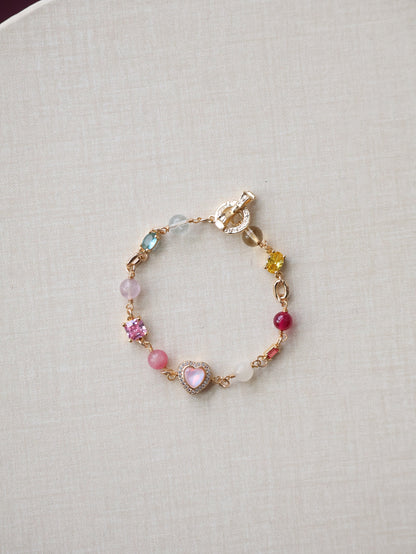 Rhodonite, Citrine, Moonstone, Blue Topaz, Ruby & Pink Purple Emerald Mica — Duobao Multi Gem with Heart Charm and Gem Charms | 6mm (OT Clasp, Chain)