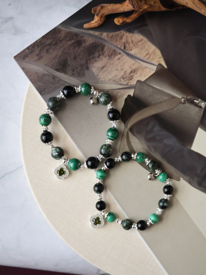Malachite, Seraphinite & Black Tourmaline Crystal Bracelet — Cordelia Twin Sparkly Clover | 8mm + 10mm (Elastic)