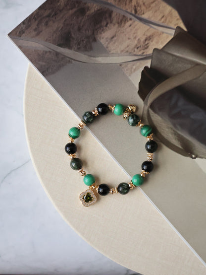Malachite, Seraphinite & Black Tourmaline Crystal Bracelet — Cordelia Twin Sparkly Clover | 8mm + 10mm (Elastic)
