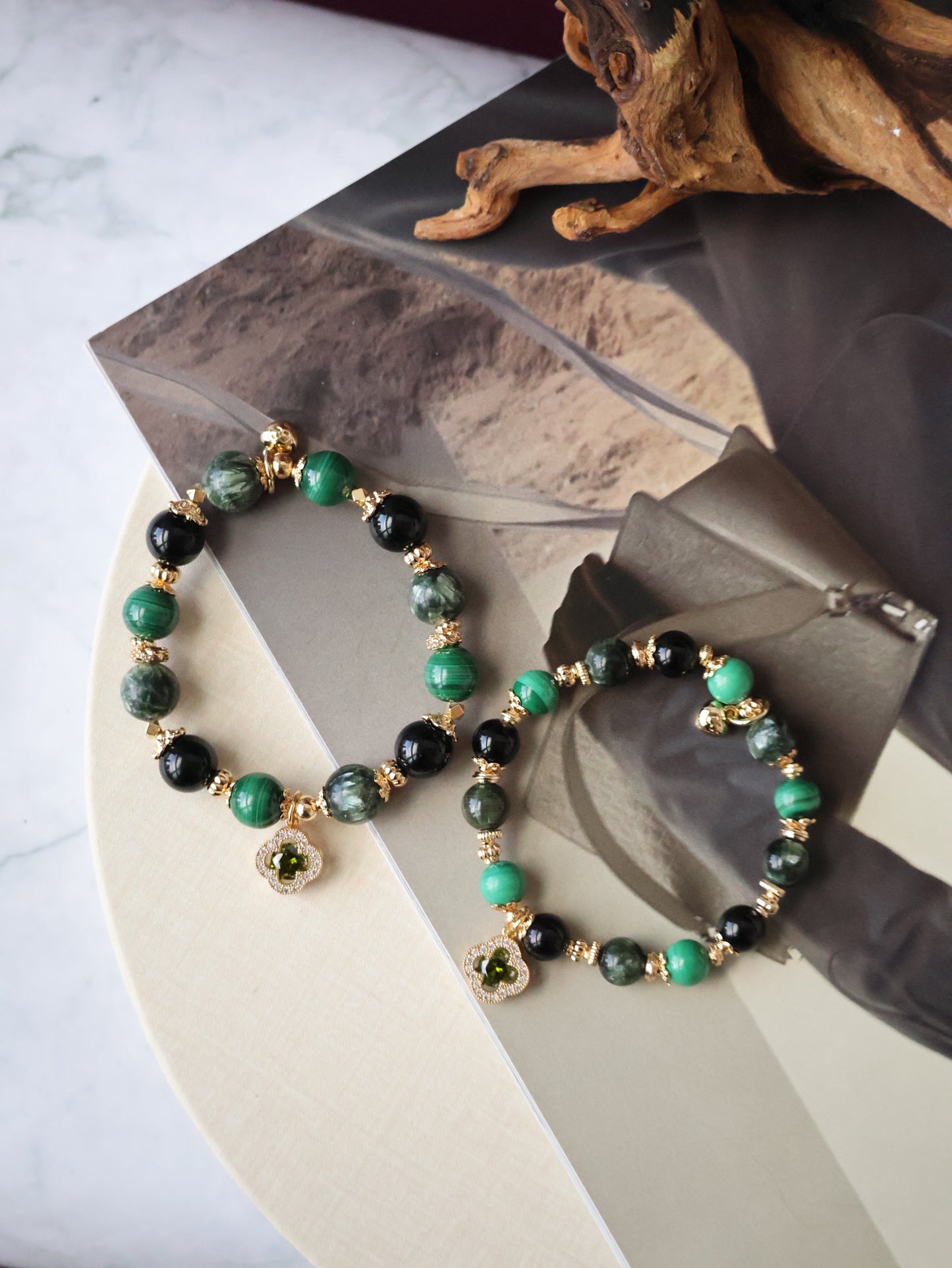Malachite, Seraphinite & Black Tourmaline Crystal Bracelet — Cordelia Twin Sparkly Clover | 8mm + 10mm (Elastic)