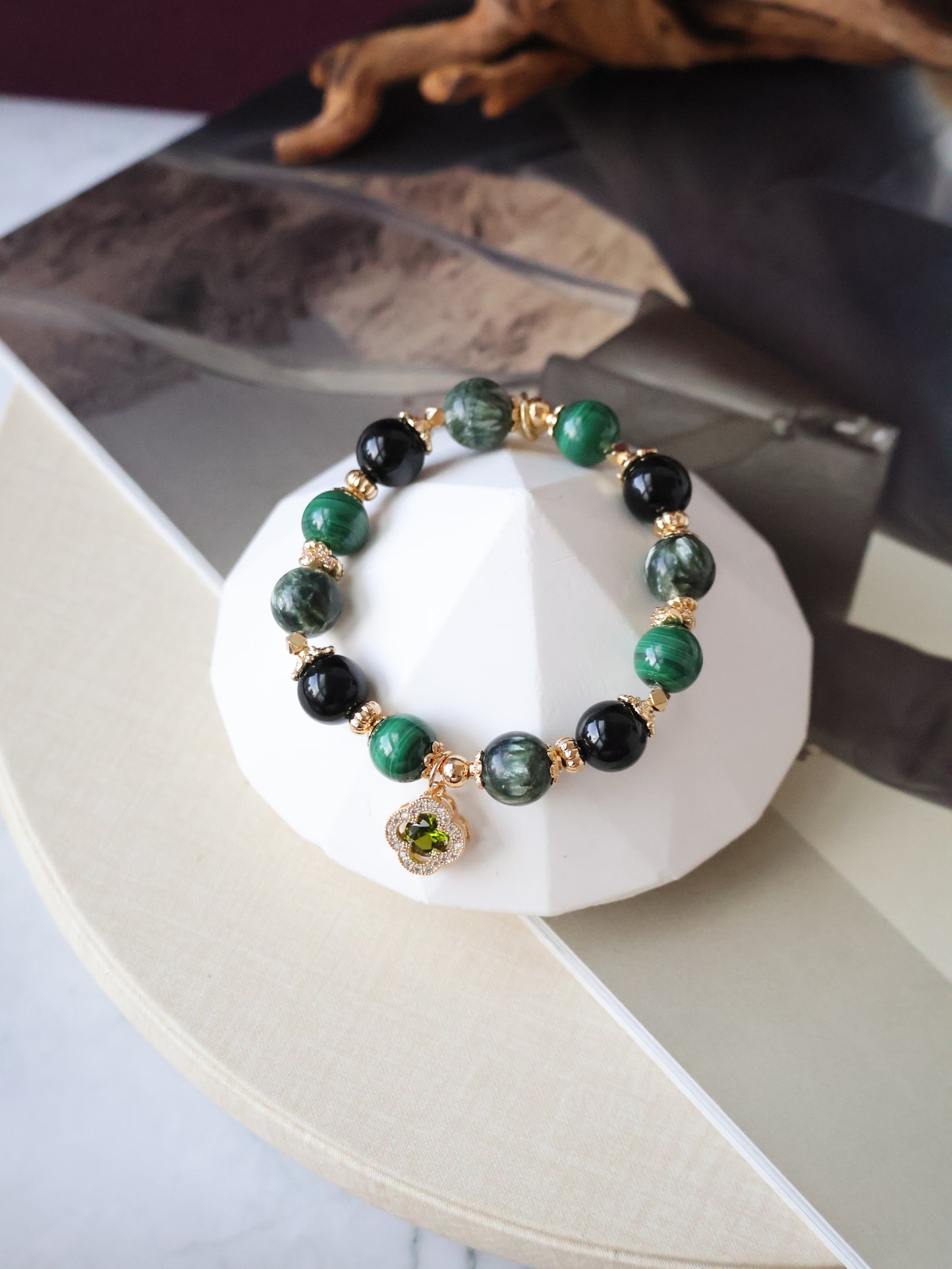 Malachite, Seraphinite & Black Tourmaline Crystal Bracelet — Cordelia Twin Sparkly Clover | 8mm + 10mm (Elastic)