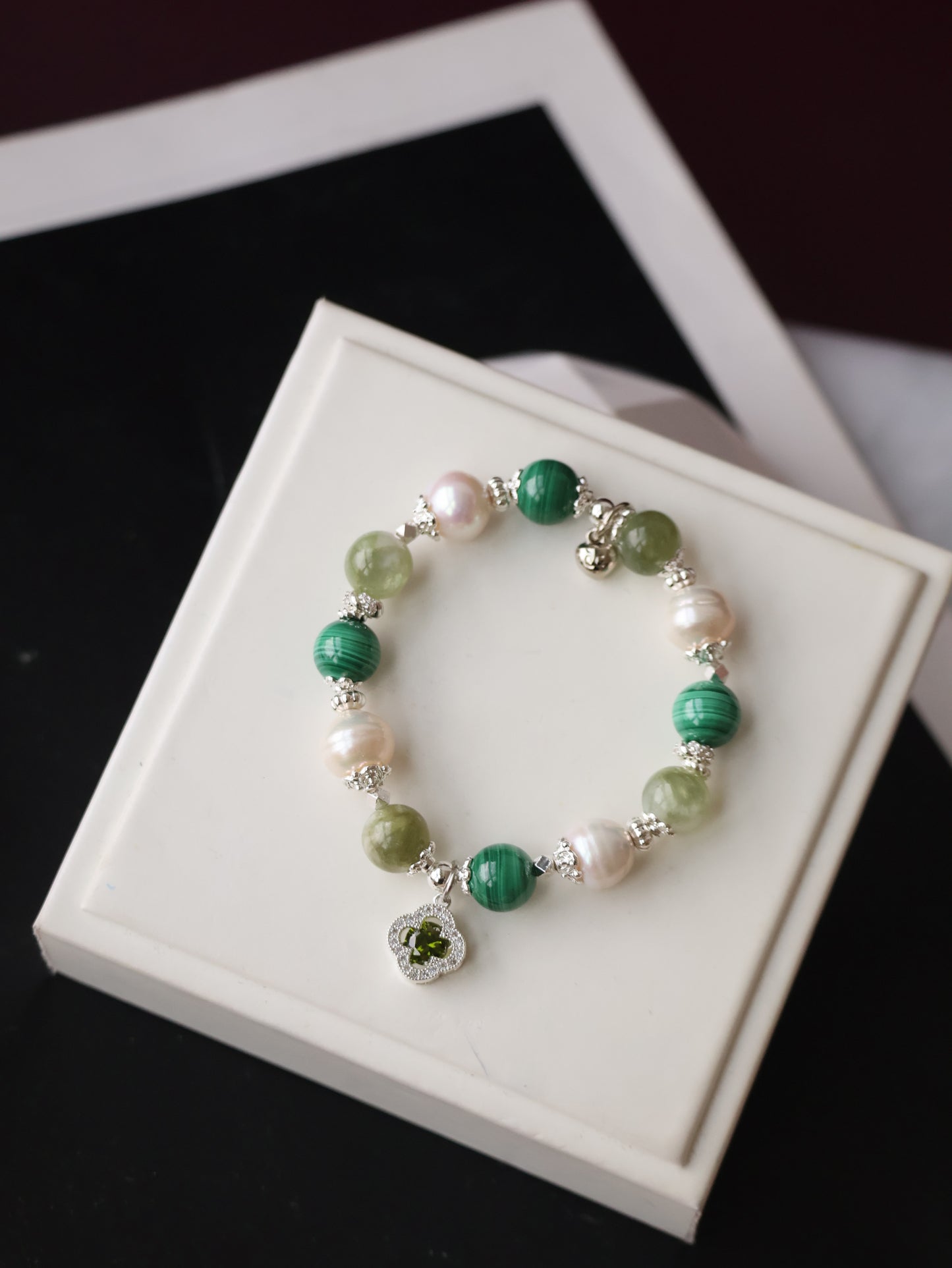 Malachite, Green Emerald Mica & Freshwater Pearl Crystal Bracelet — Cordelia Twin Sparkly Clover | 8mm + 10mm (Elastic)