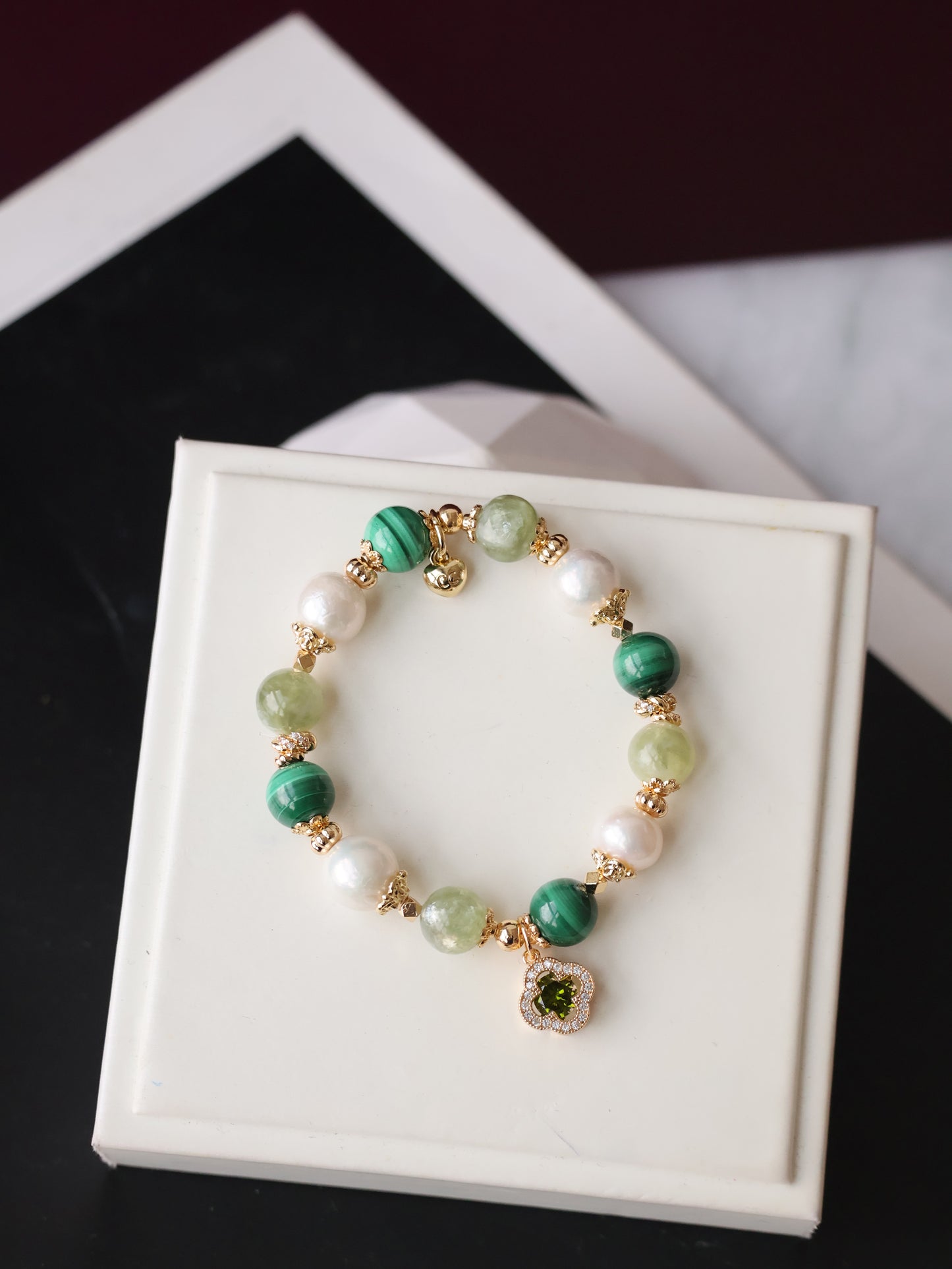 Malachite, Green Emerald Mica & Freshwater Pearl Crystal Bracelet — Cordelia Twin Sparkly Clover | 8mm + 10mm (Elastic)