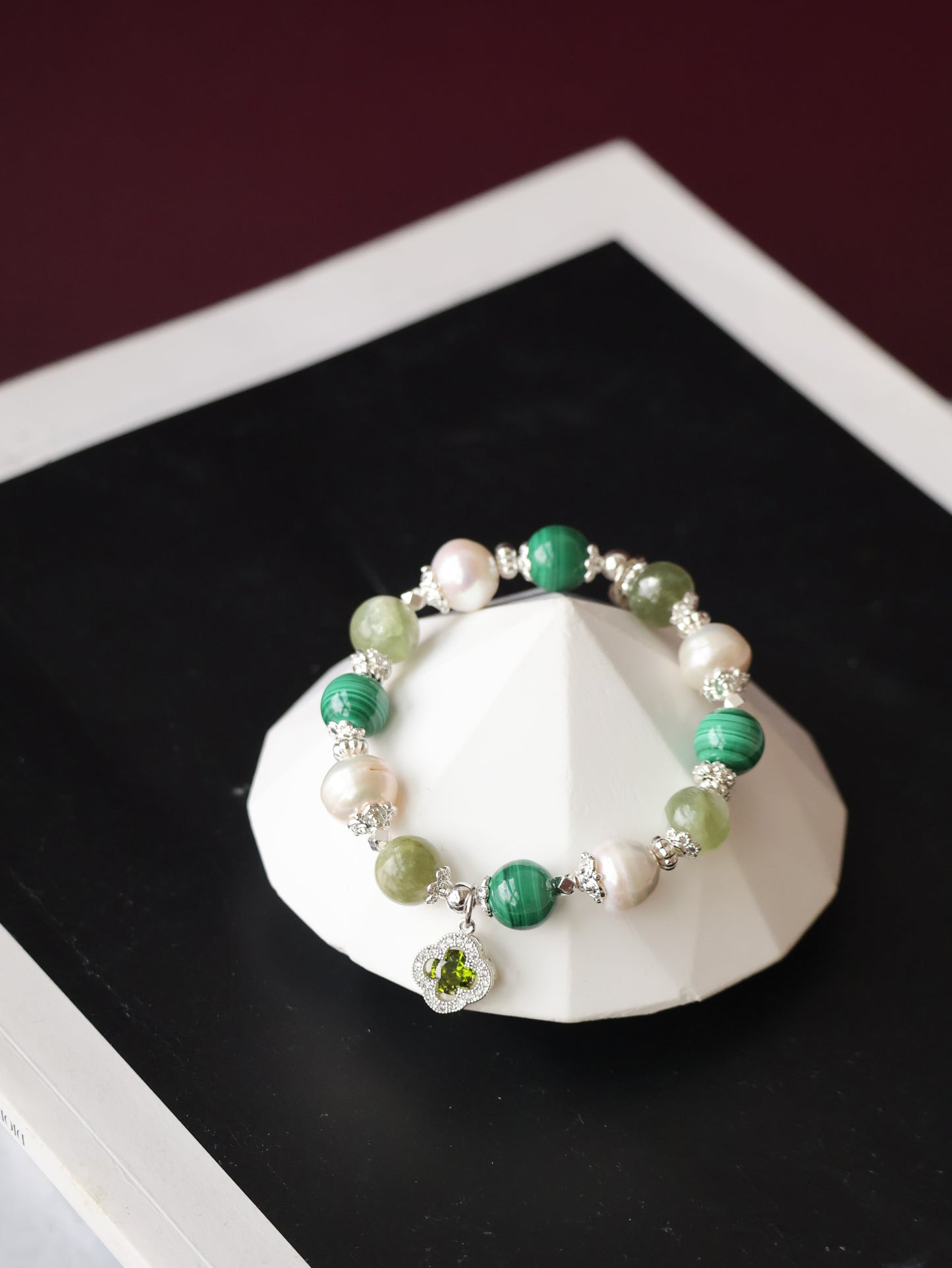 Malachite, Green Emerald Mica & Freshwater Pearl Crystal Bracelet — Cordelia Twin Sparkly Clover | 8mm + 10mm (Elastic)