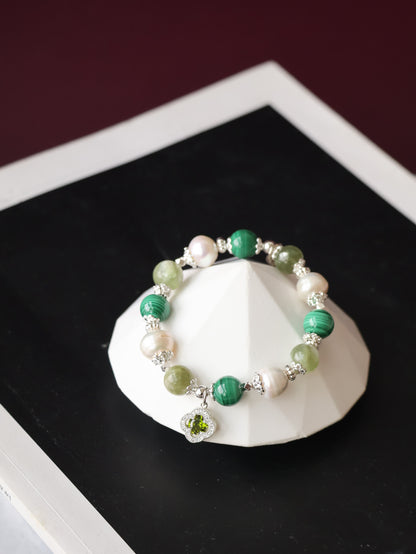 Malachite, Green Emerald Mica & Freshwater Pearl Crystal Bracelet — Cordelia Twin Sparkly Clover | 8mm + 10mm (Elastic)