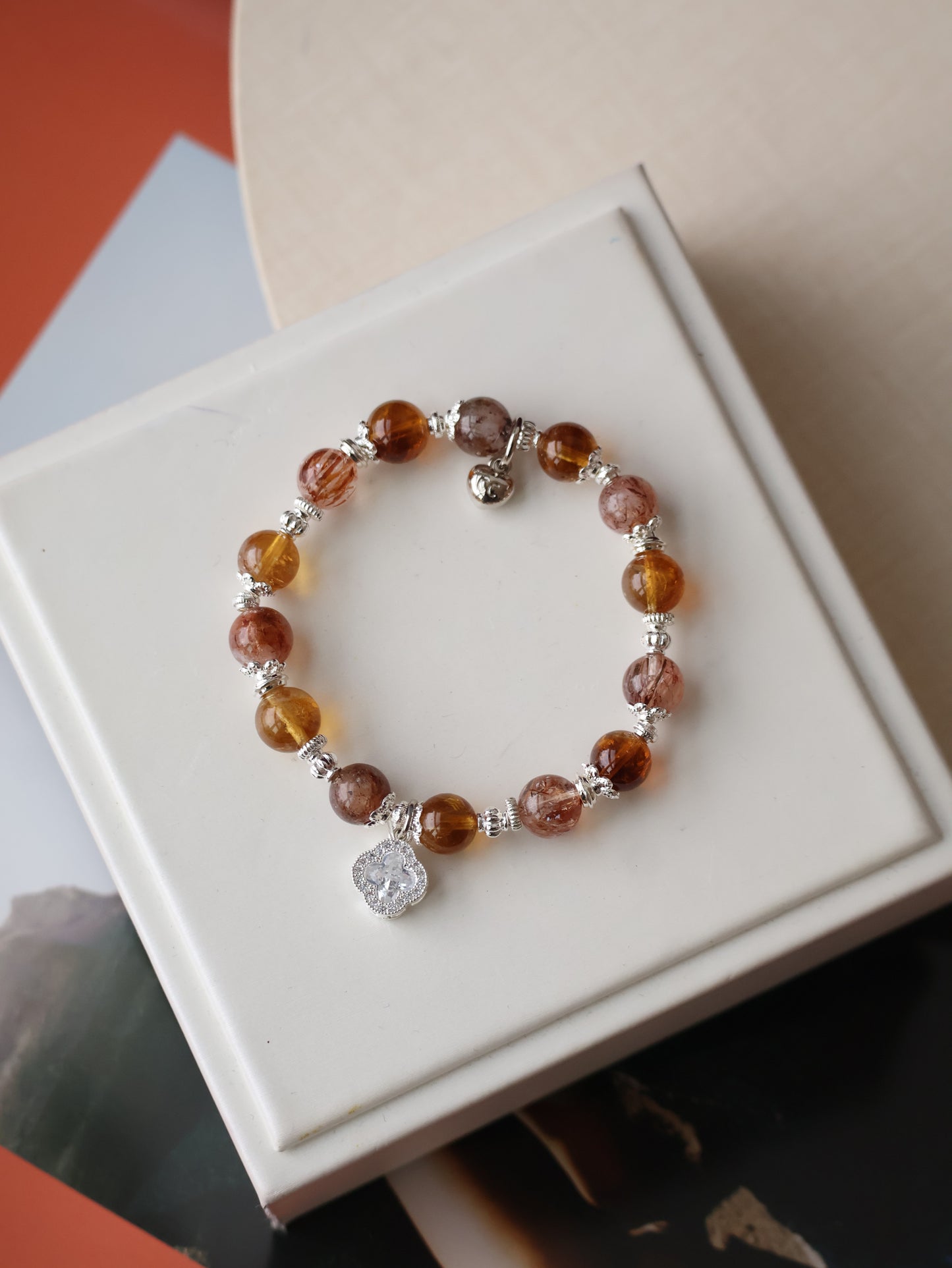 Citrine & Black Gold Super 7 Crystal Bracelet — Cordelia Twin Sparkly Clover | 8mm + 10mm (Elastic)