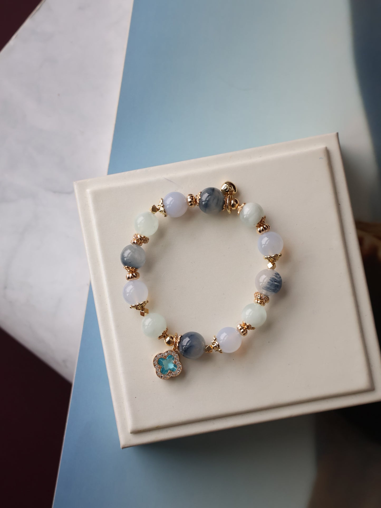 Blue Chalcedony, Aquamarine & Blue Rabbit Hair Crystal Bracelet — Cordelia Twin Sparkly Clover | 8mm + 10mm (Elastic)
