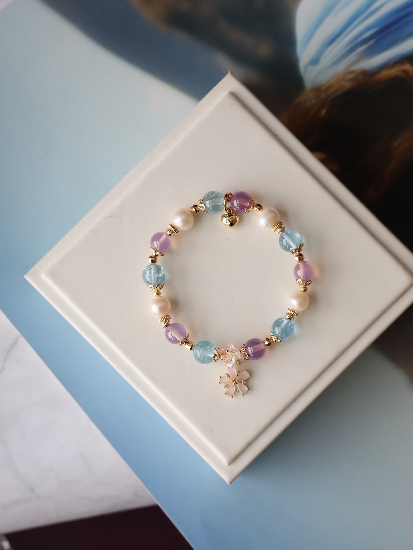Ruby, Blue Topaz & Freshwater Pearl Crystal Bracelet with Flower Charm — Arendelle | 8mm (Elastic)