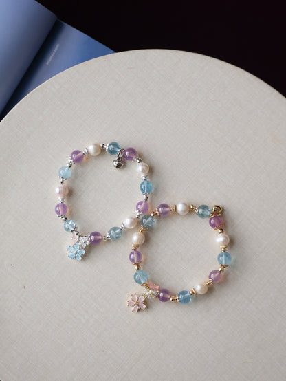 Ruby, Blue Topaz & Freshwater Pearl Crystal Bracelet with Flower Charm — Arendelle | 8mm (Elastic)