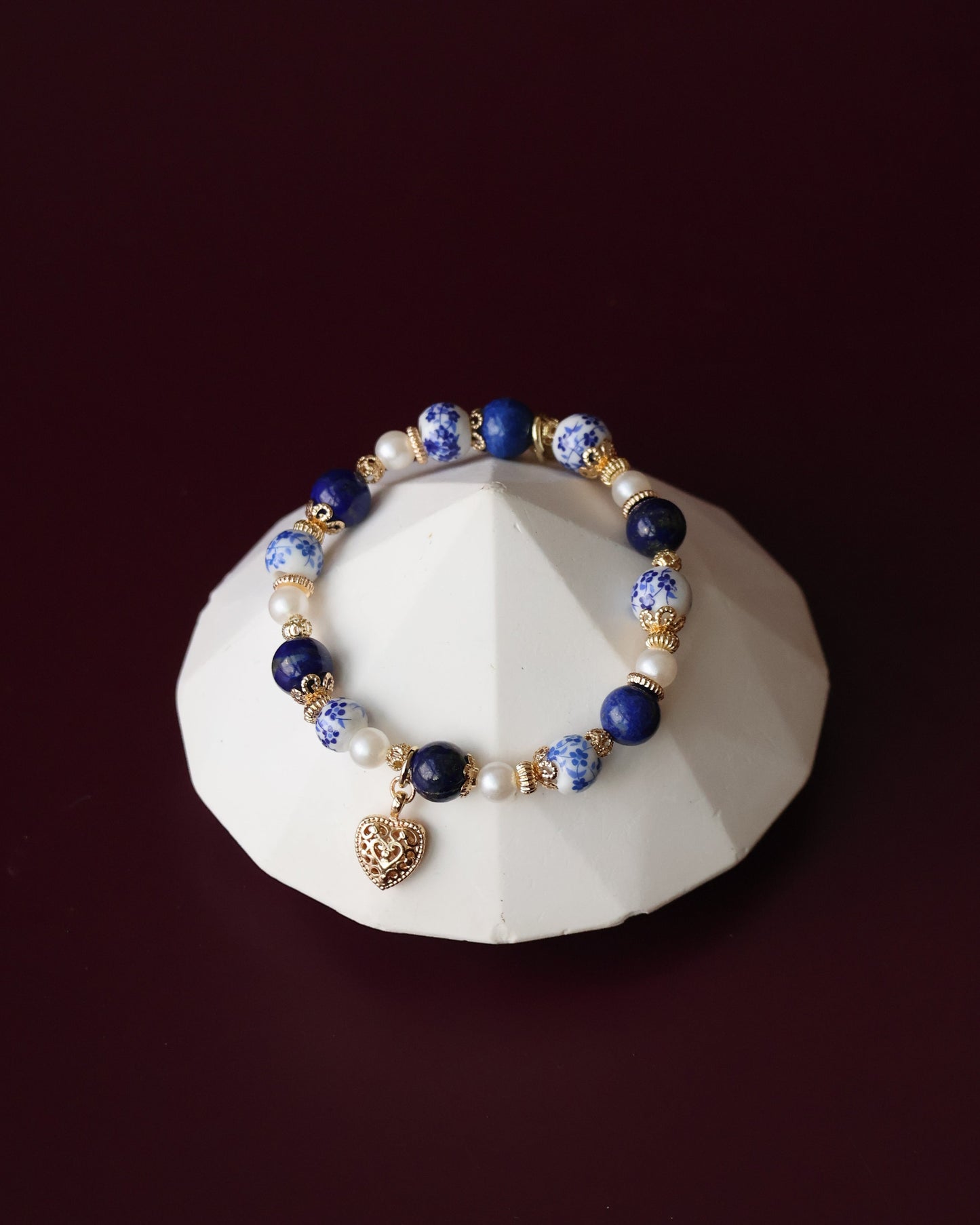 Lapis Lazuli Crystal Bracelet — Chinese Porcelain Inspired | 8mm (Elastic)