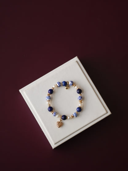 Lapis Lazuli Crystal Bracelet — Chinese Porcelain Inspired | 8mm (Elastic)