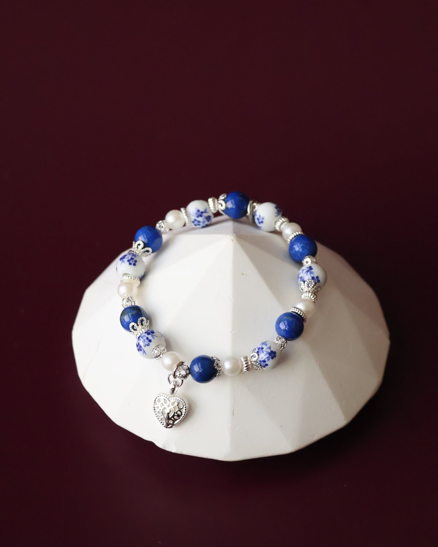 Lapis Lazuli Crystal Bracelet — Chinese Porcelain Inspired | 8mm (Elastic)